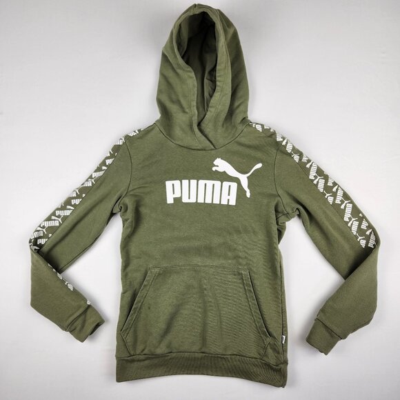 Puma Hoodie Athletic Streetwear Logo Olive Green kangaroo pocket Casual - Sz. XS - Picture 1 of 9